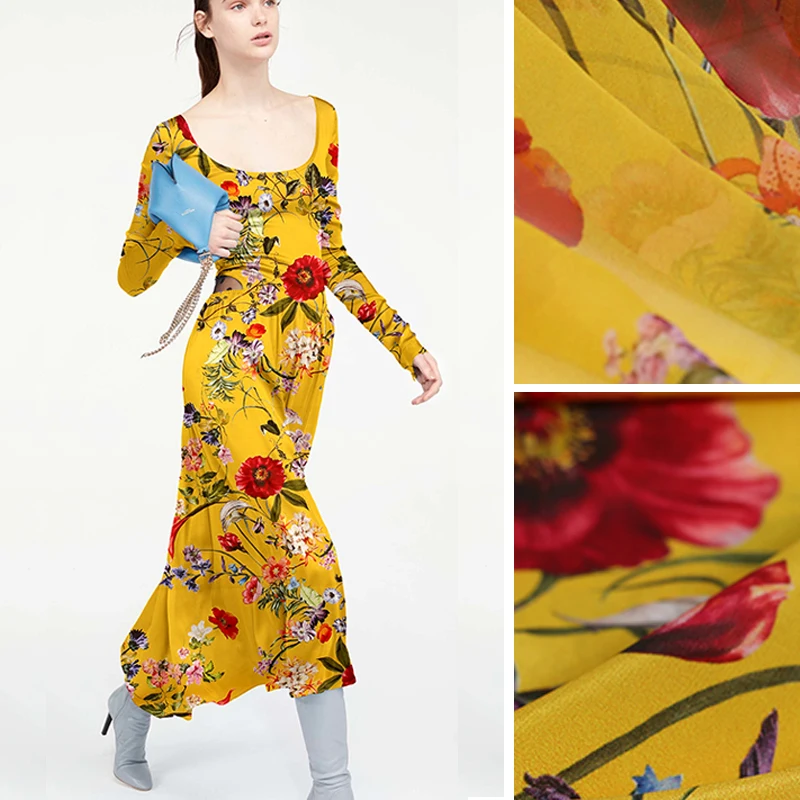 

Floral Print Yellow Solft Thin Silk Georgette Silk Crepe de Chine Fabric for Summer Dress Shirt Scarf DE565