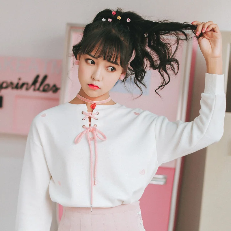 

spring 2019 harajuku sweatshirt korean style fashion autumn personality heart-shaped bandage bow embroidery love hoodies women