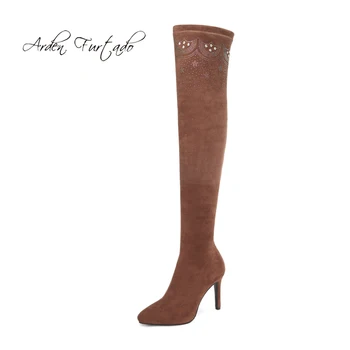 

Arden Furtado 2019 autumn winter sexy stilettos party shoes ladies slip on pointed brown crystal over the knee stretch boots new
