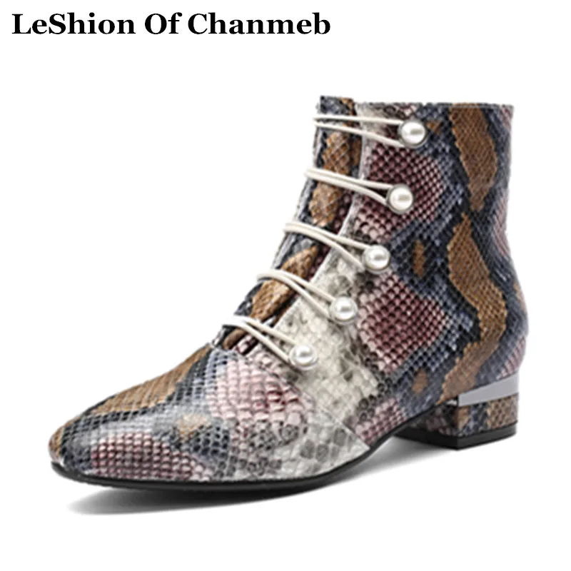 

High Quality Python Printing Genuine Leather Booties Women's Low Heels Elastic Pearls Ankle Boots Woman Autumn Winter Boots Shoe