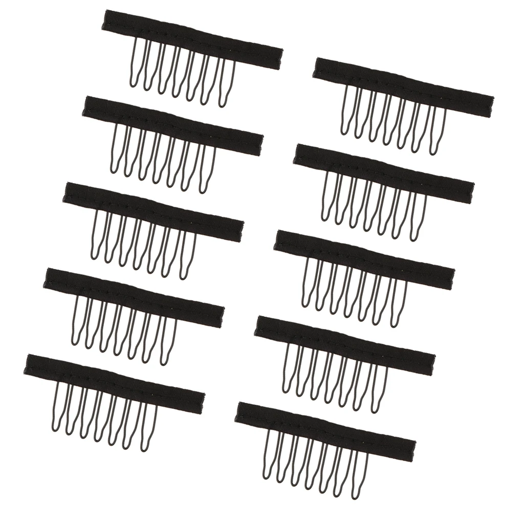 10pcs New 7 Teeth Wig Combs Steel Tooth Comb for Wig Caps Lace Cap Black Portable Stainless steel & Fabric