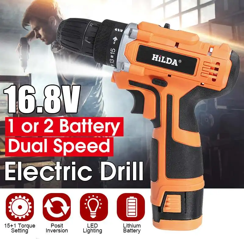 

16.8V Electric Drill Dual Speed Lithium Cordless Drill Multi-function Electric Screwdriver Power Tool + 1 or 2 Li-ion Battery
