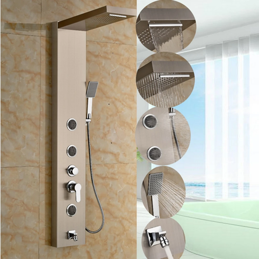 

Rain Shower Column Jets Sprayer Tub Spout Hand Shower Panel Tap Brushed Nickle Shower Faucet Set