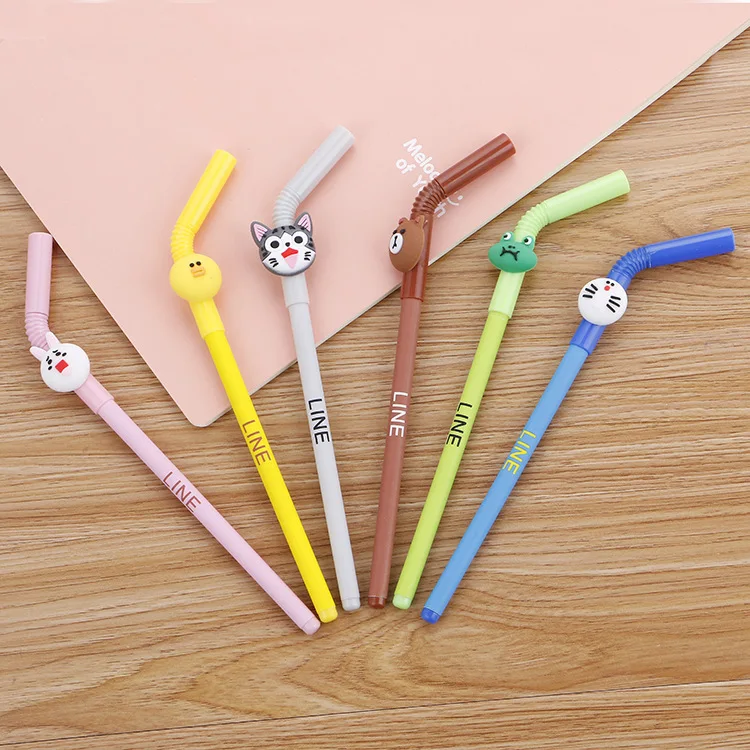 

36 pcs/lot Straw Animal Gel Pen for writing Cartoon Bear Cat black ink Neutral Pen School Office Supplies Promotional Gift