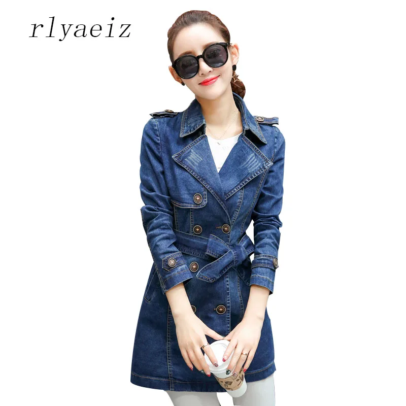 

RLYAEIZ 2017 Denim Jacket Women Long Sleeve Spring Autumn Mid-length Elegant Jeans Jacket Slim Hot New Outerwear Plus Size XXXL