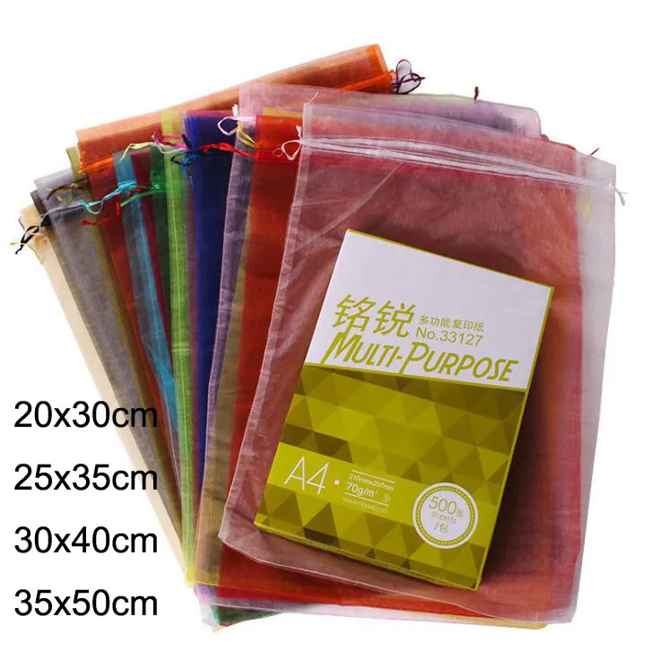 

100pcs/lot 20x30, 25x35, 30x40, 35x50cm Large Size Big Organza Bags Drawstring Pouches For Christmas Wedding Gift Packaging Bag