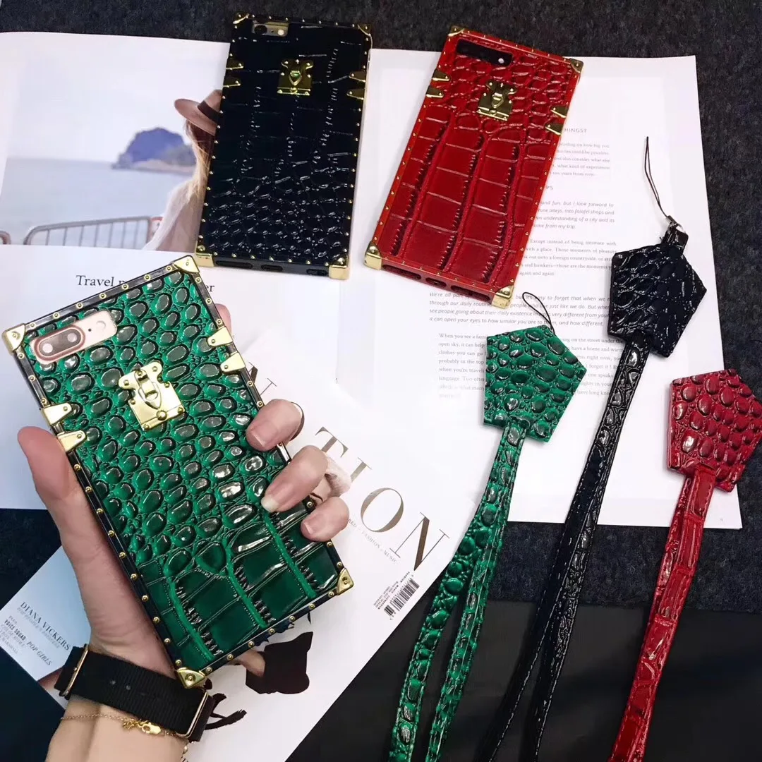 

Luxury European brand square crocodile pattern phone cover for iphone 6 6s 7 8 plua x xs max xr Fashion rivet super lanyard case