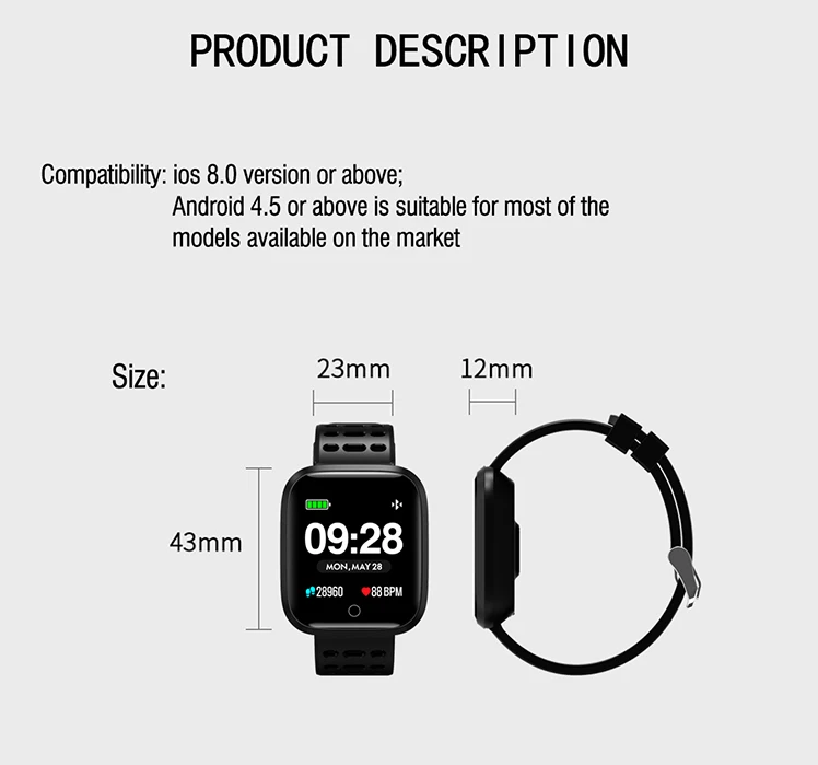 Torntisc Q8 Fitness Bracelet Heart Rate Blood Pressure monitor IP67 Waterproof smart band Sport Smart Watch Men For Android IOS Phone (18)