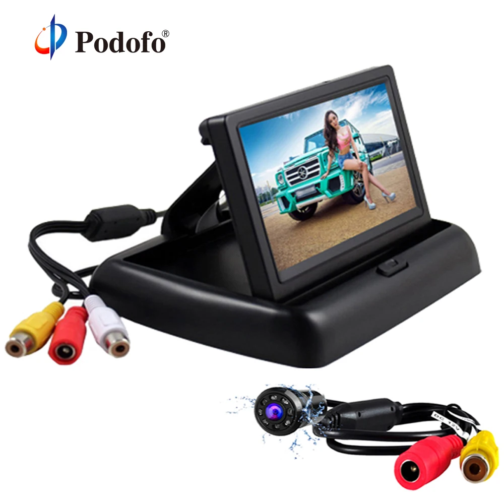 

Podofo 4.3" inch Folding TFT LCD Monitor For Rear View Camera Auto Parking Backup Reverse Monitor 2-Channel Video Input