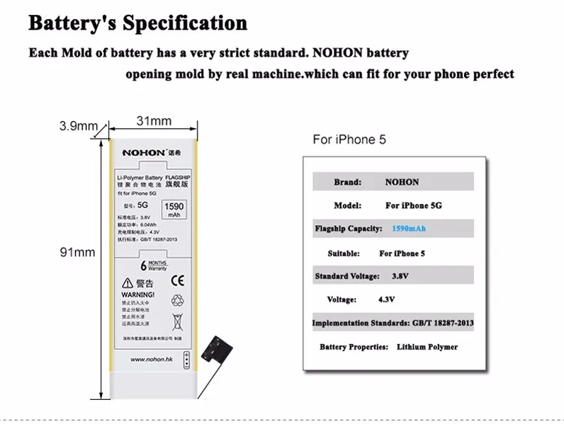 NOHON литий-полимерный аккумулятор для Apple iPhone 5, iPhone5, настоящая Высокая емкость, 3,8 в, 1590 мА/ч, сменный литиевый аккумулятор с бесплатными инструментами
