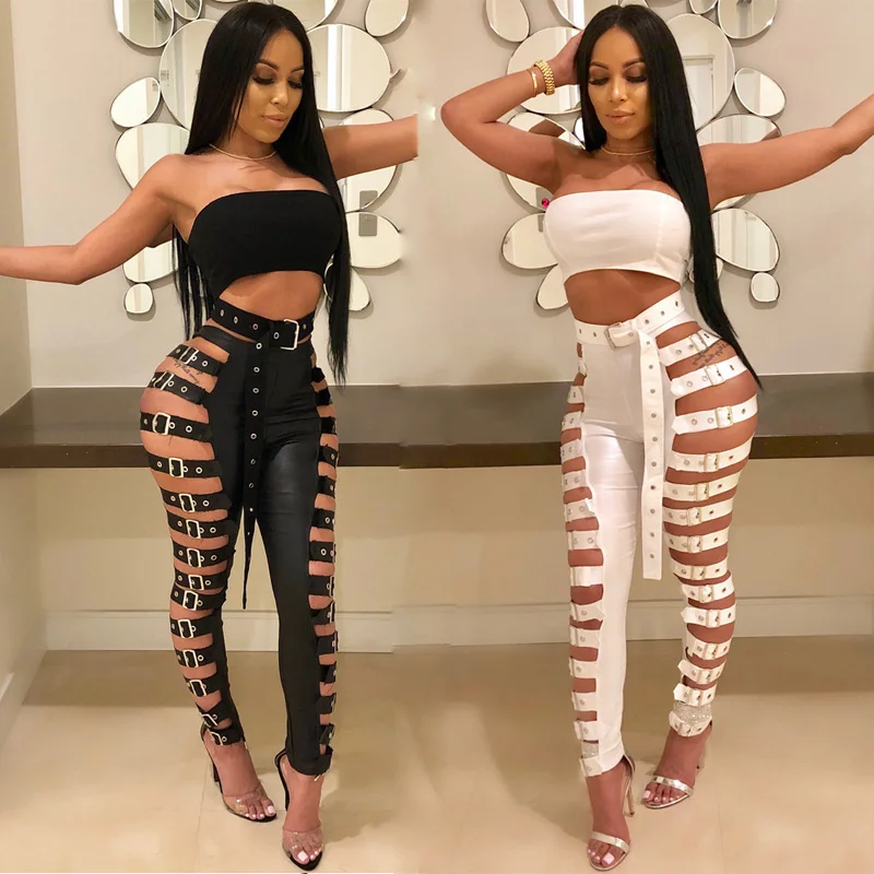 

Fashion Women Faux Leather Long Pants Sexy Strappy Buckle Straps Bandage Pencil Pants Black White High Waist Nightclub Pants