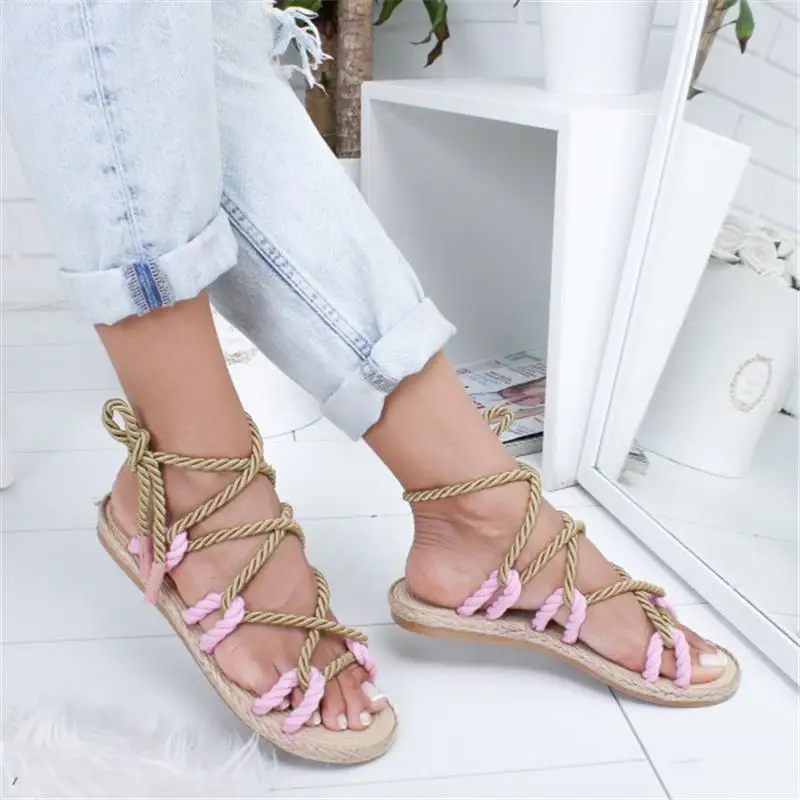 DAHOO/летние сандалии; Лидер продаж; женская обувь на плоской подошве со шнуровкой; разноцветная повседневная обувь для девочек; пляжные женские сандалии размера плюс в богемном стиле - Цвет: Pink