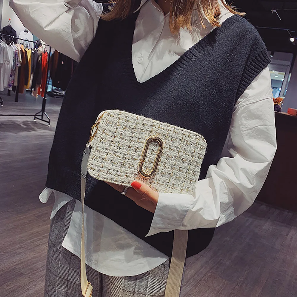 

Women Woolen Plaid Small Square Bag Wide Shoulder Strap Wild Messenger Bag 1212