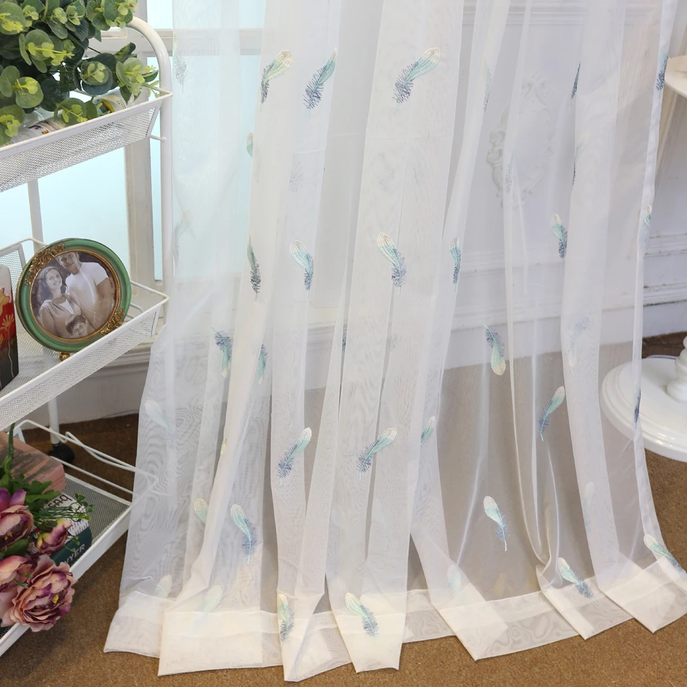 Feather Mesh Fabric Embroidered Tulle Curtains Living Room White Curtain Bedroom Bay Window Reday Made Curtain P056D3