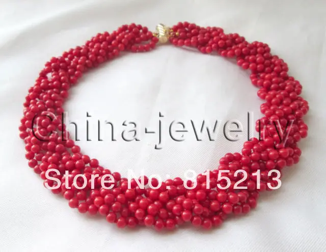 

S1229 Handmake 17" 6row natural 4-5mm round red coral necklace - GP clasp (B0409)