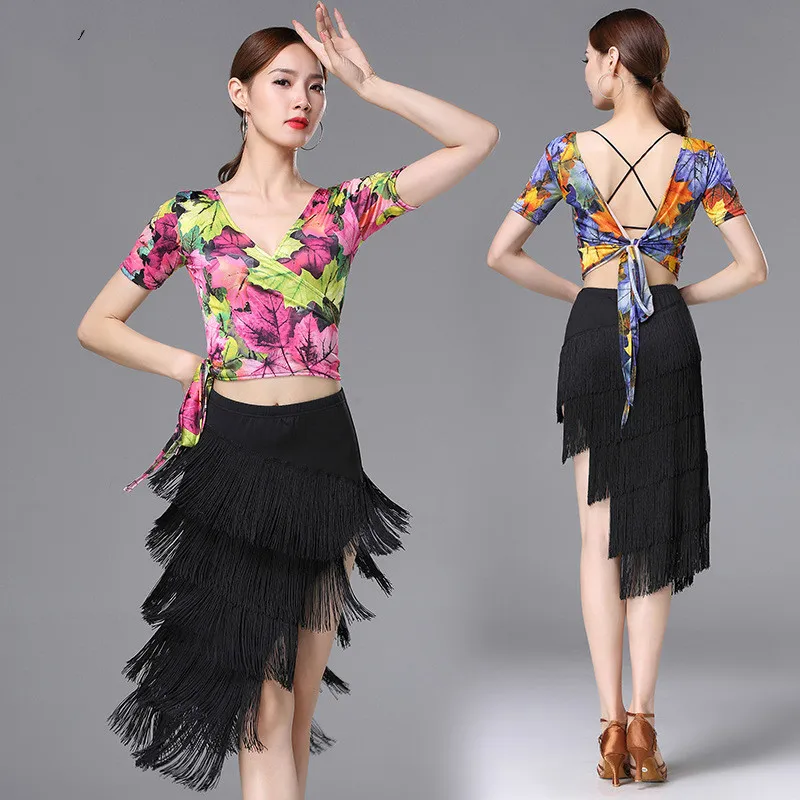 

New Latin Dance Dress Women Sexy V-neck Printing Costume Silk Oblique Fringed Long Skirt Suit Women Competition Dress