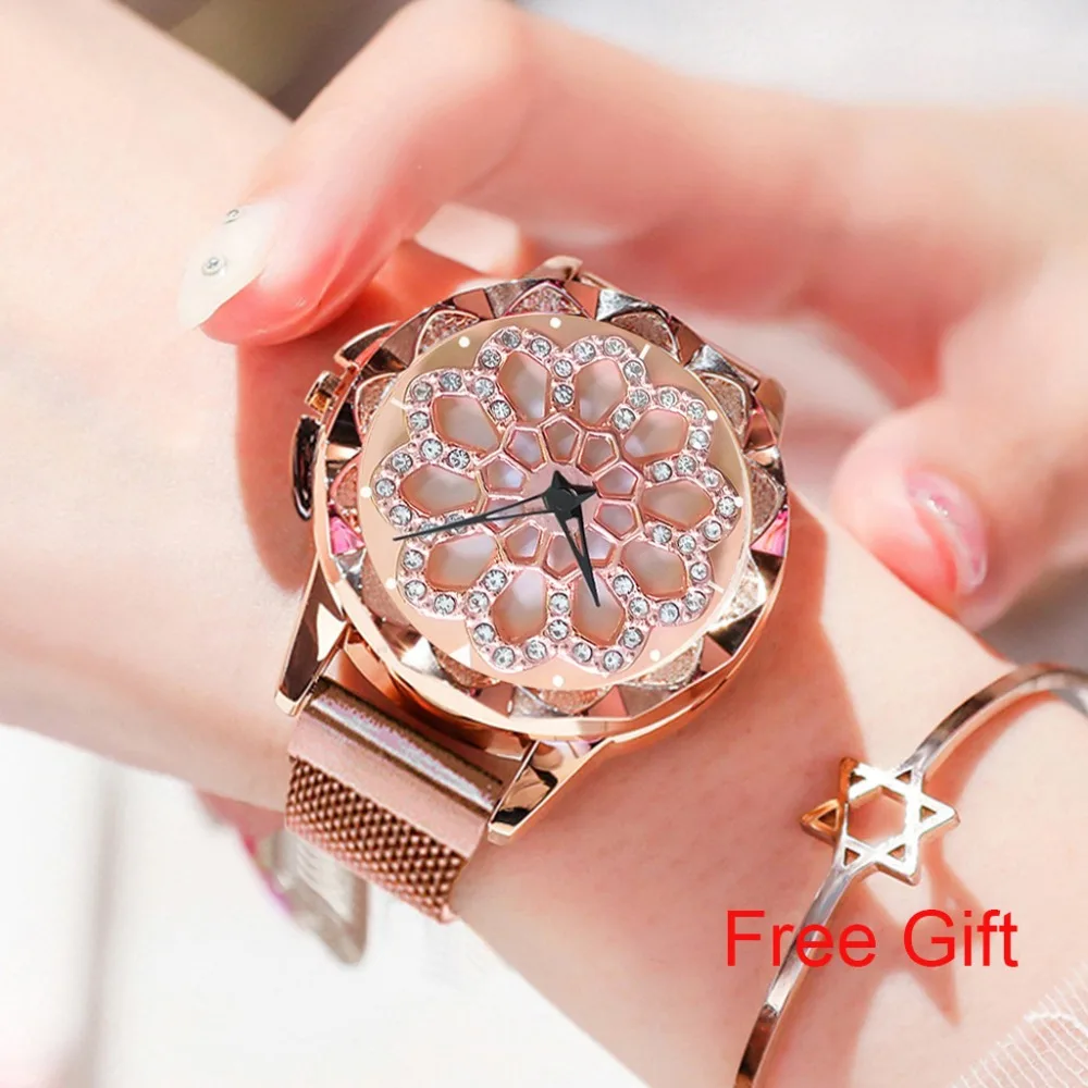 

Magnetic Luxury Diamond Rotate Women Watches Fashion Flower Dial Ladies Quartz Clock Waterproof Female Wristwatch Girl Gift