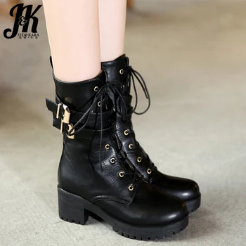 

JK Motorcycle Boots Women High Heels Mid-Calf Boot Ladies Round Toe Shoes Female Metal Casual Platform Shoes Winter 2019 New