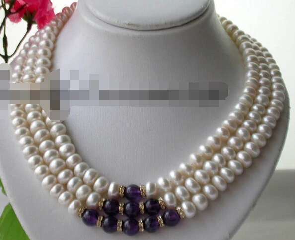

Jew2673 3row white fw pearl amethyst bead necklace