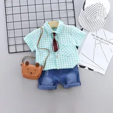 2019 New Summer Baby Girls Boys Short Sleeve Plaid Print Tie Tops Blouse Shirt+Denim Shorts Children Casual Outfits Sets 6M-4Y girls calico print blouse with frill trim shorts