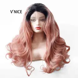V'NICE химическое Синтетические волосы на кружеве Ombre персик красный парик для Для женщин Длинные Волнистые жаропрочных розовые волосы Glueless
