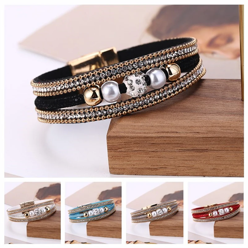 

HOCOLE Vintage Multilayer Bead Leather Bracelet For Women Charm Wrap Crystal Rhinestone Bracelet Bangles Female Fashion Jewelry
