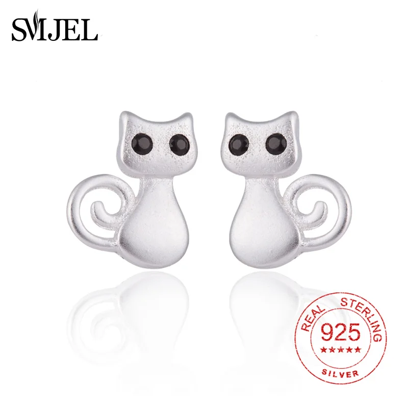 

SMJEL Lovely Elegant Simple Cat Stud Earring 925 Sterling Silver Jewelry Crystal Cat Dainty Post Earrings for Women bijoux