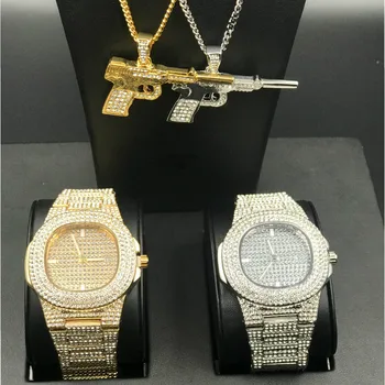 

Luxury Men Gold Color Watch & Necklace Combo Set Ice Out Cuban Crystal Miami Necklace Chain Pendant box chain necklace set