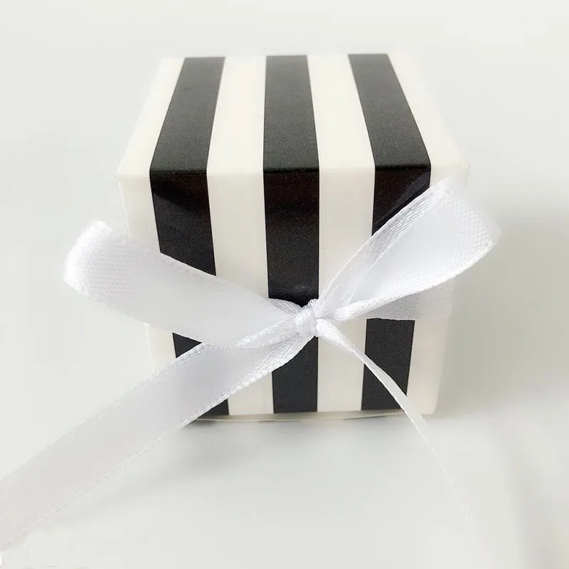 

JUMI 10pcs Strip Design Square Candy Box with Ribbon Halloween Paper Cookie Box Wedding Favors Paper Gift Boxes Party Supplies