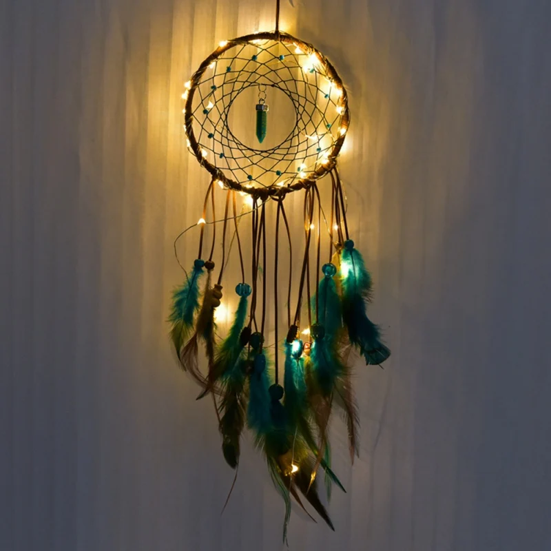 

LED Star light Dream Catcher Feather Handmade Dreamcatcher with String Light Innovative Home Bedside Wall Hanging Decoration