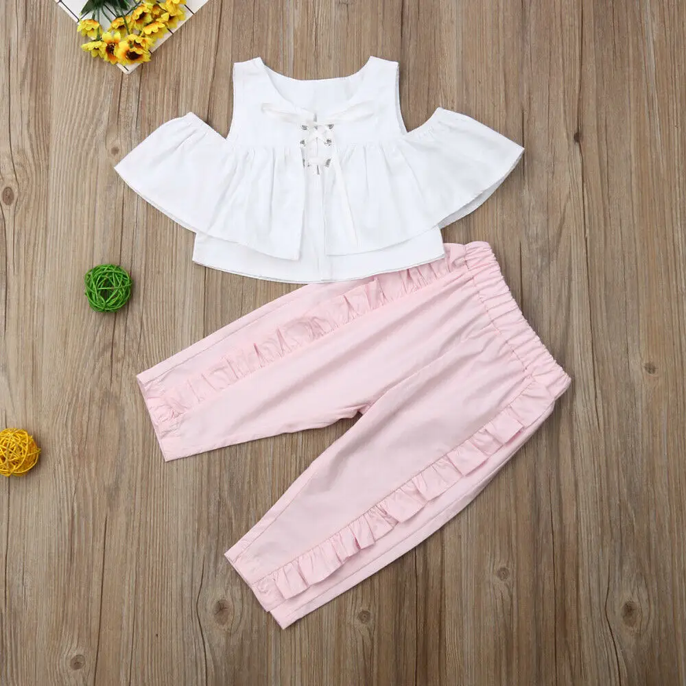 Детская одежда для маленьких девочек; топы с оборками; футболка; длинные штаны; Летняя Повседневная хлопковая одежда; комплект из 2 предметов