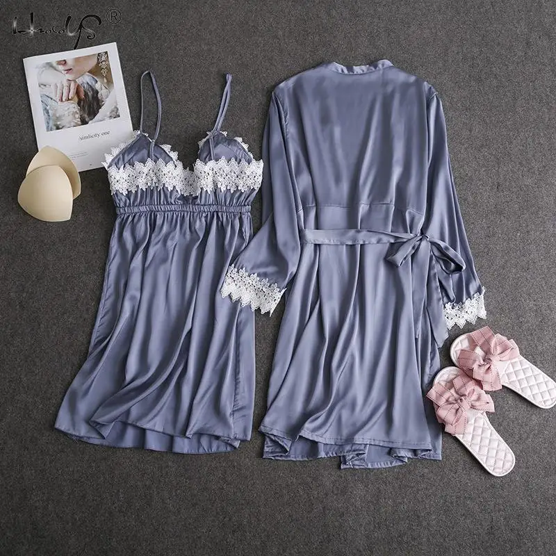 Для женщин Летняя пижама из двух частей халат набор пижамы Пижамный набор нижнее белье-кимоно шелк атласный халат и ночная рубашка платье