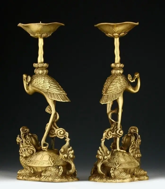 

Native copper PAIR OF ORIENTAL CHINESE CARVED COPPER CANDLE STICK-CRANE STATUES brass Decoration 100% real Tibetan Silver Brass