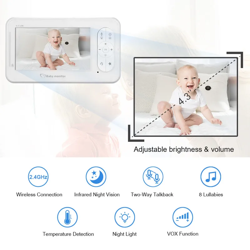 IMPORX 4.3 inch Color Wireless Lullaby Video Baby Monitor Security Camera 2 Way Talk Night Vision IR LED Temperature Monitoring