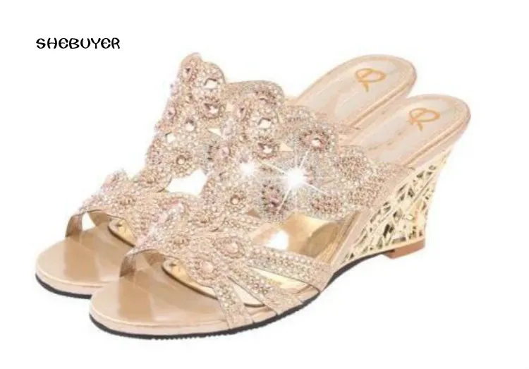 

2017 Summer Women Rhinestone Wedges Sandals Slingbacks Open Toe Woman Sandels Shoes Cut Out Heel Flowers Ladies Party Shoes