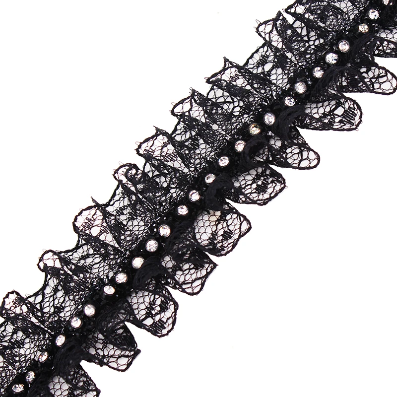50yards Craft Black White Rhinestones Lace Trim Embroidered Lace Ribbon