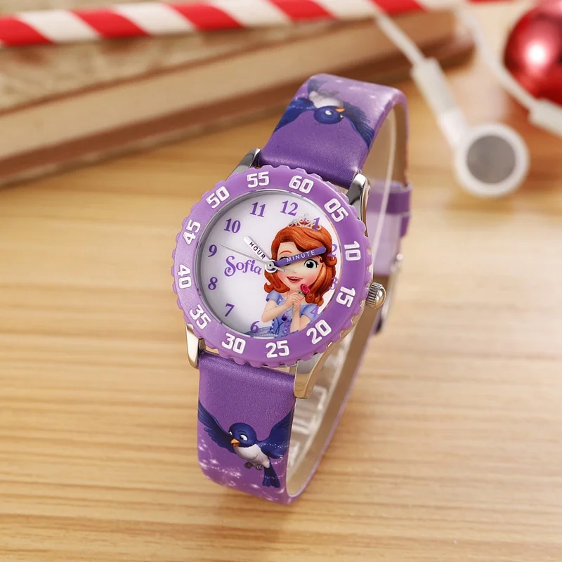 Disney Princess Series Frozen And Sofia Cuties Girl Red Pink Purple PU Band Quartz Waterproof Watch Children Kid Student Watches