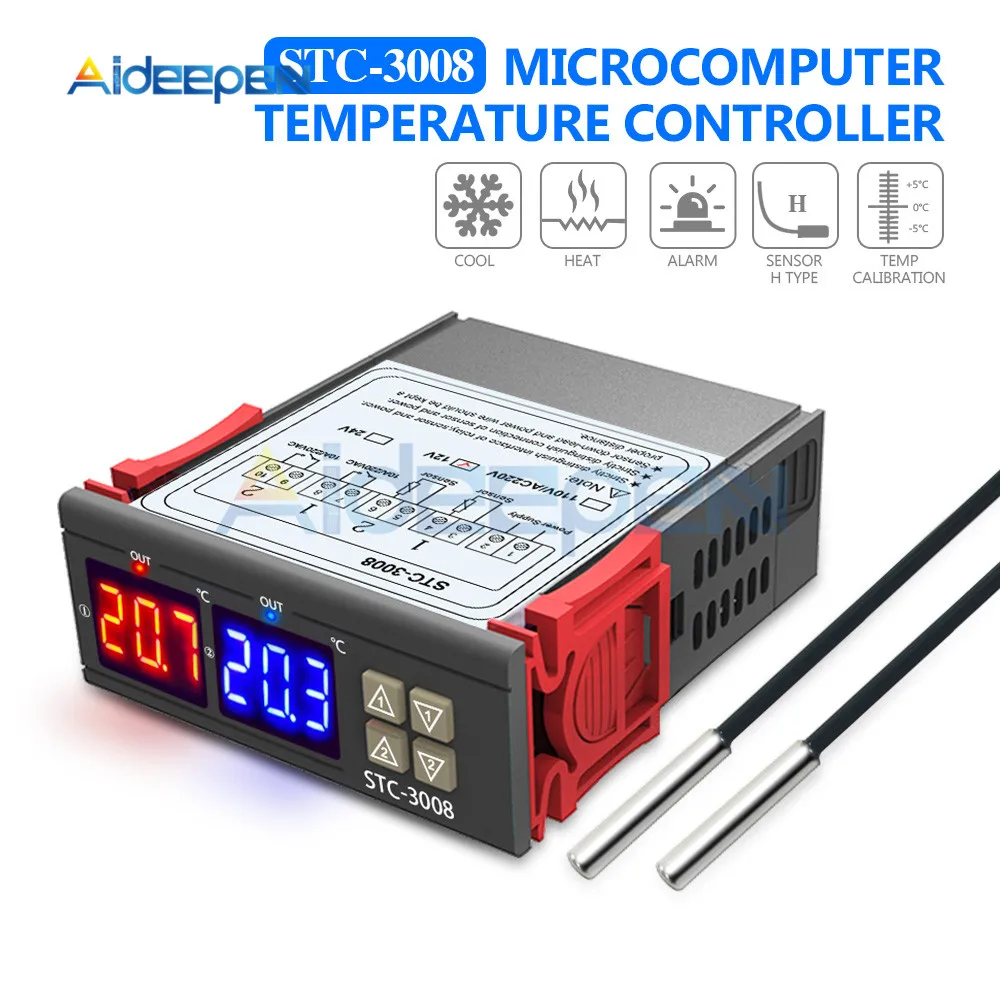 

STC-3008 Led Dual Display Two-way Thermostat DC 12V Red and Blue Dual Probe Micro Temperature Controller Thermometer