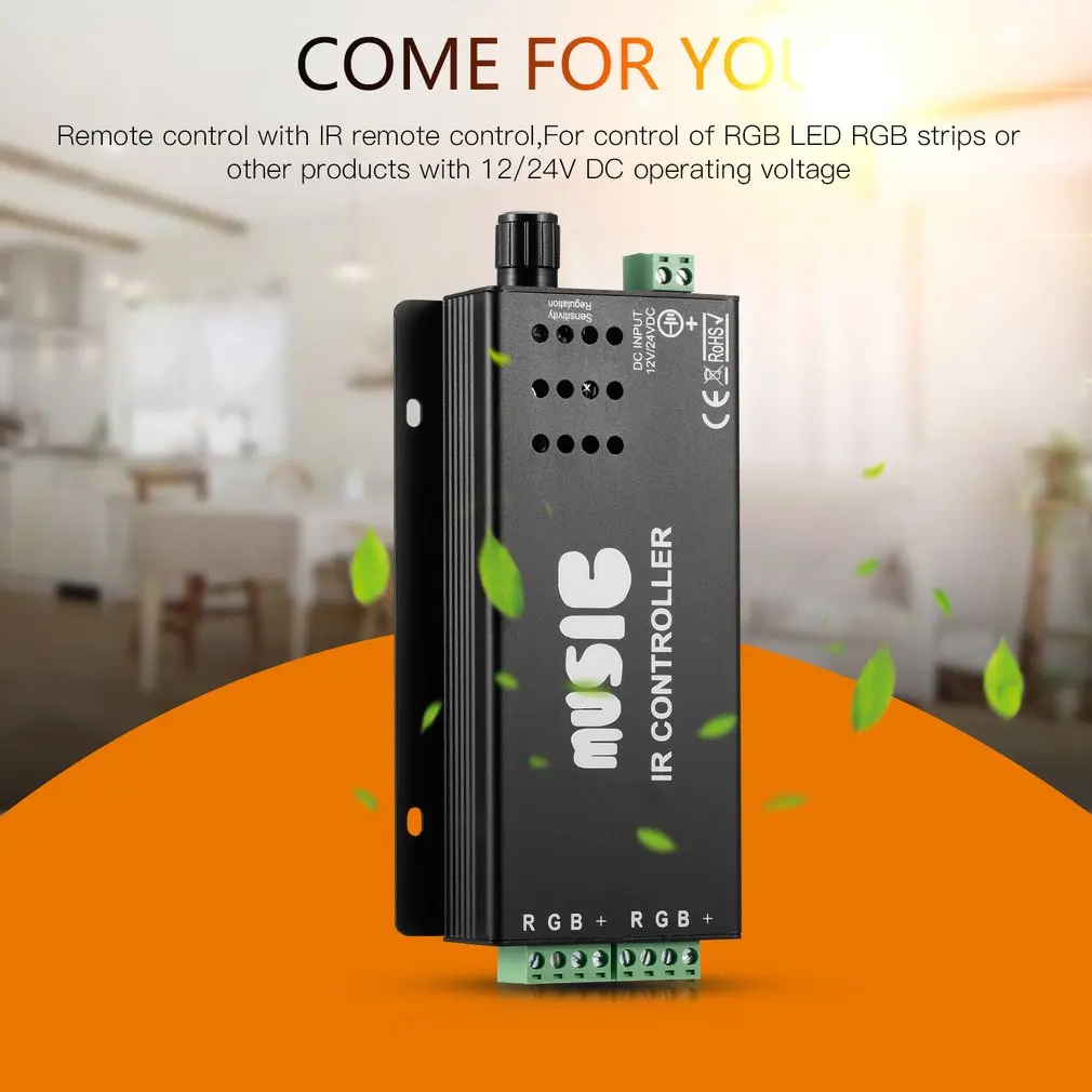 

Black 12V/24V DC 2 Channels 24 Key Music IR Remote Controller Sound Sensitive for RGB LED Strip Light Accessory