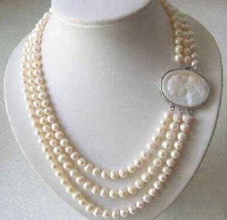 

song voge gem J0014 Genuine 3 Rows 7-8MM Freshwater pearl Necklace Cameo Clasp