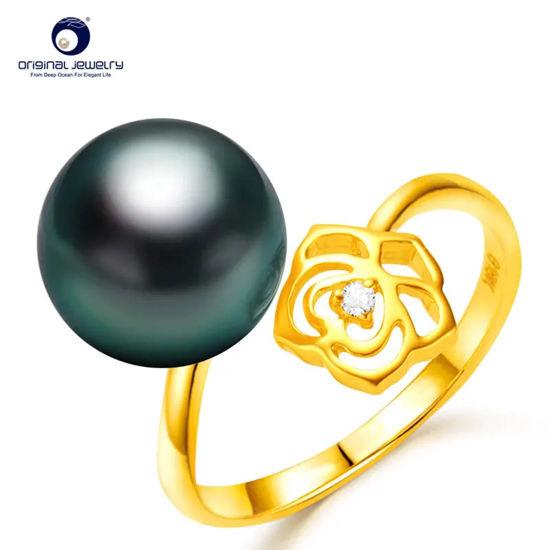 

[YS] Flower Adjustable Pearl Ring 10-11mm Natural Black Tahitian Cultured Pearl Ring 18K Gold Pearl Ring