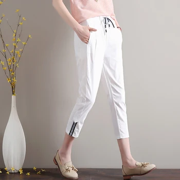 

Casual Cotton And Linen Trousers For Women Elastic Waist Women's Trousers Pencil Pants Pantalon Femme Calca Feminina Breeches