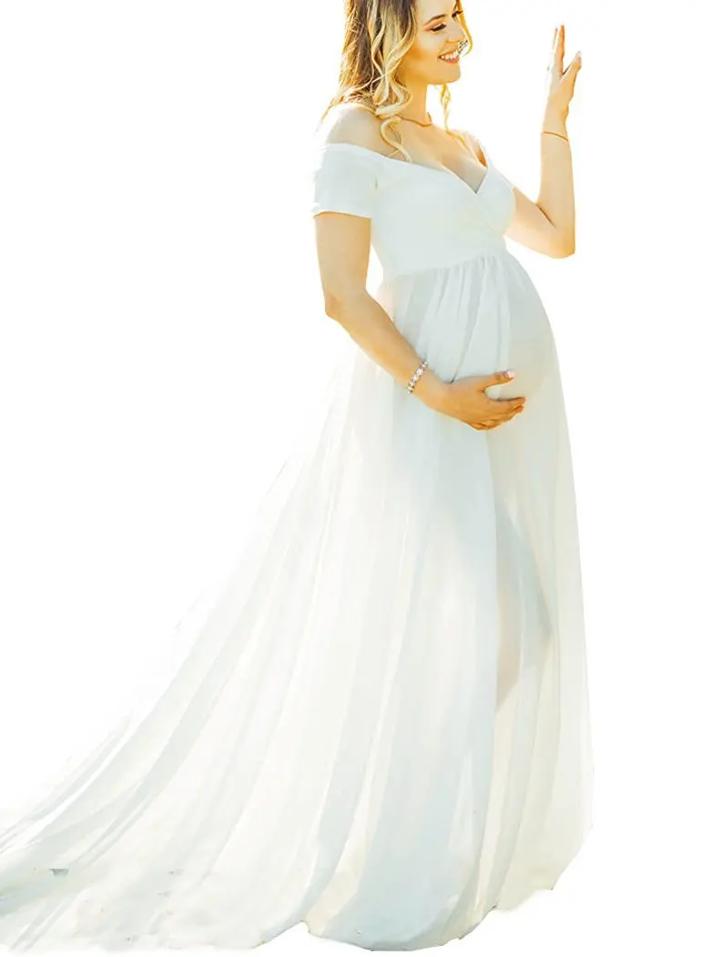 Maternity Short Sleeve V-Neck Dress Off Shoulders Half Circle Gown for Pregnant Woman Baby Shower Photo photography Props Dress