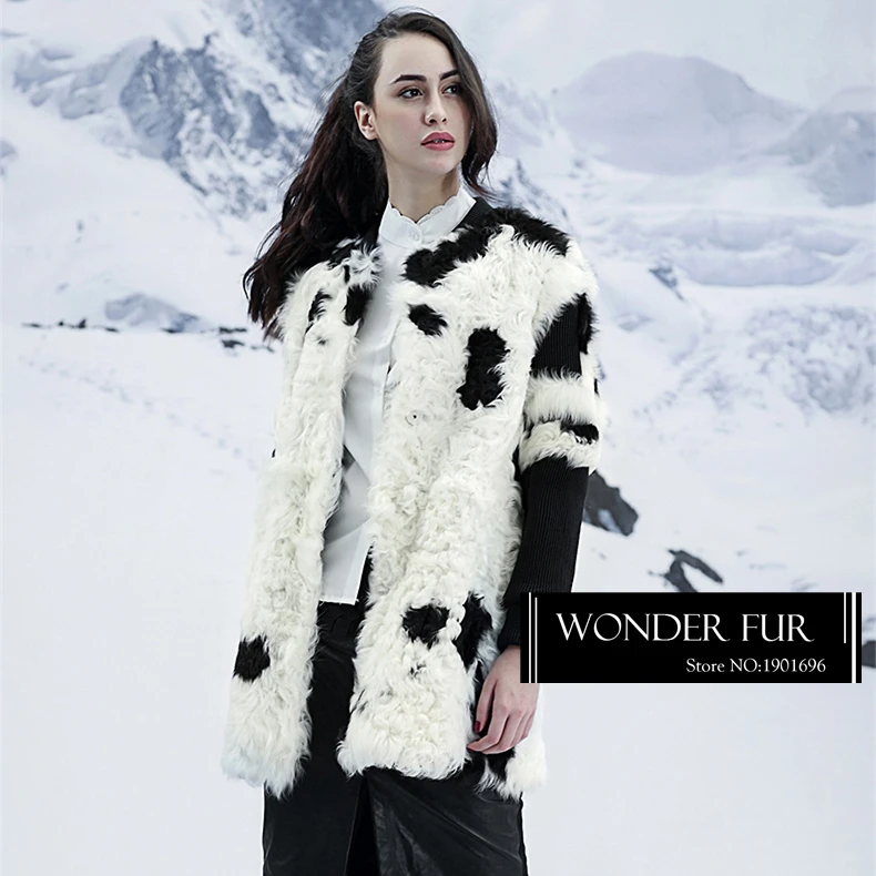 

Cow Pattern Lamb Fur Down Coat Original Design Sheep Fur Jacket Fancy Style Cute Sheep Fur Medium Overcoat For Women