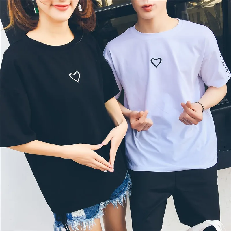 New Embroidery Letter Couples T-shirt Love Heart O-neck Casual T shirt Tops For Couple Lovers Plus Size