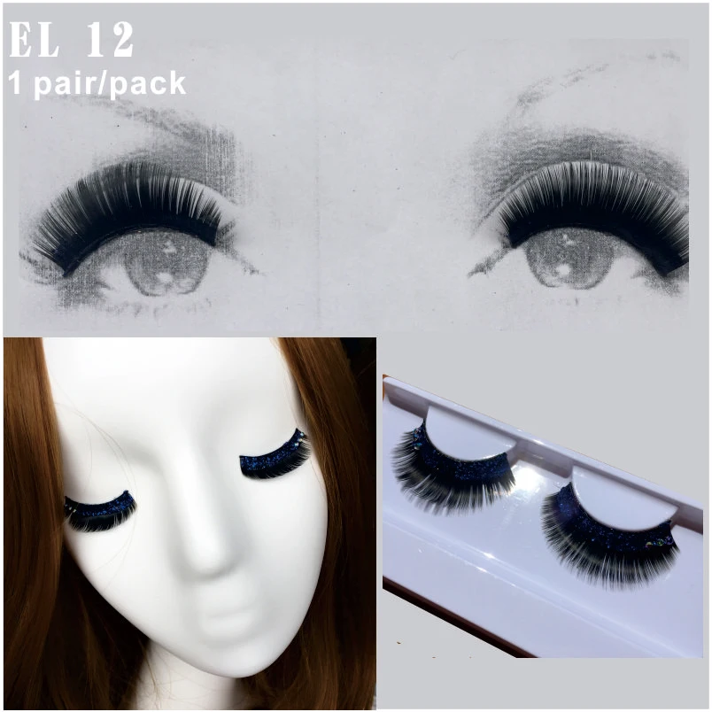 EL12 1 Pair/Set Black Blue Glitter with Gem Exaggerated False Eyelashes