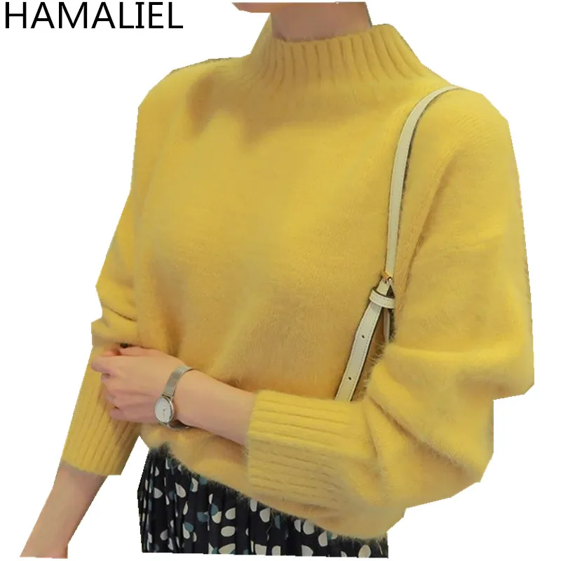 

High Quality Autumn Winter Women Sweater 2018 Fashion Yellow Stand Collar Mink Cashmere Knitted Long Sleeve Ladies Pullovers