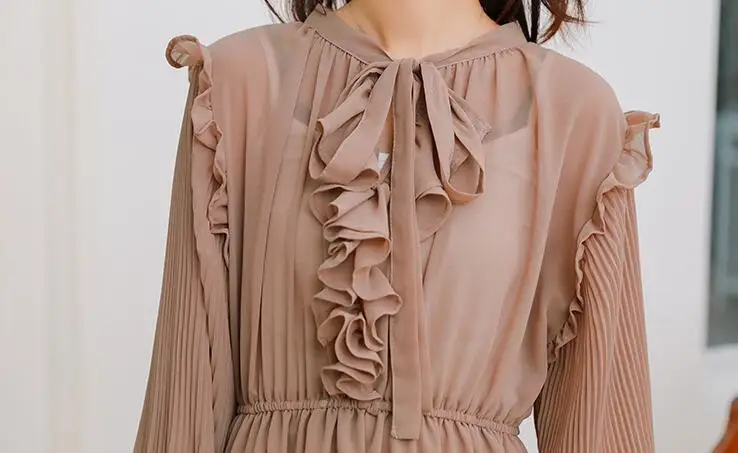 European style New arrivals summer Spring fashion women clothes temperament solid color vintage chiffon dress T3255