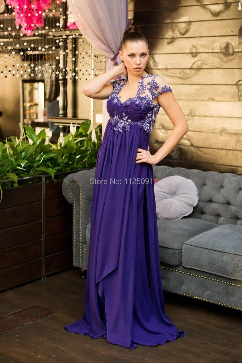 

2019 Plus Size Cheap Prom Gowns Cap Sleeve Sheer Back A Line Purple Chiffon Applique Formal Custom Made Long Prom Evening Dress