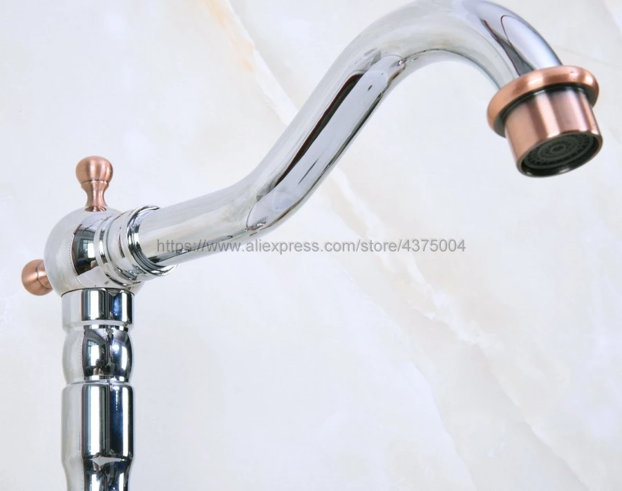 Bathroom Sink Faucet Polished Chrome And Red Copper 360 Rotable Basin Faucet Water Tap Single Handle Cold and Hot Water Nnf908